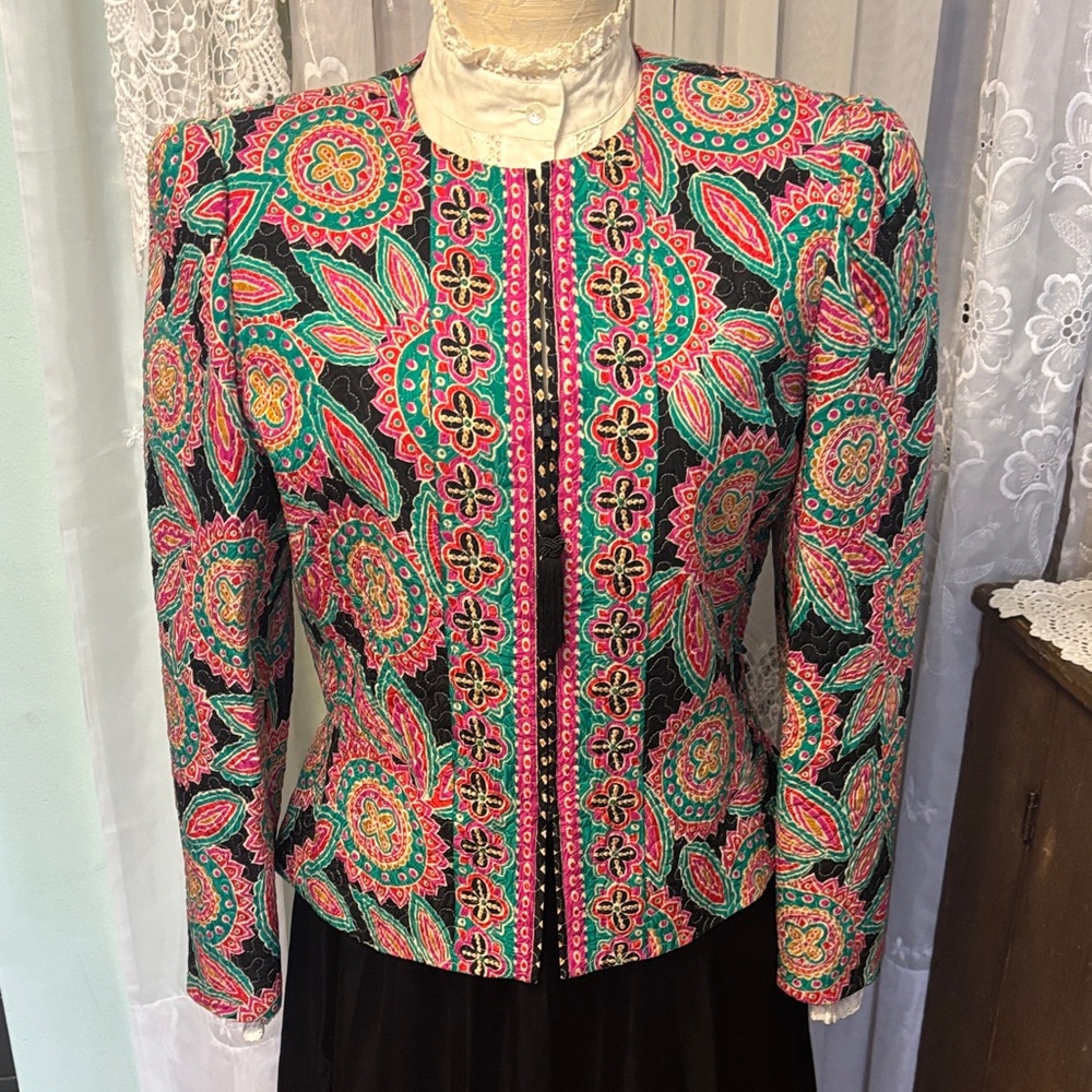 Vintage Adrianna Papell Quilted Silk Bohemian Print Jacket Fully Lined Sz 10